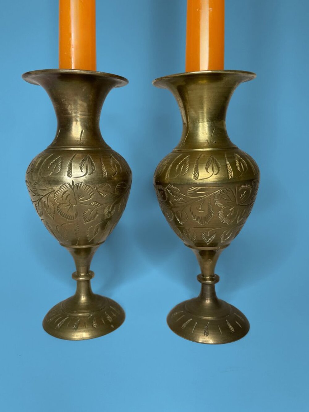 Vintage Etched Solid Brass Vase Candle Holders Pair